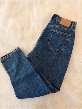 Zara Blue Denim Jeans with Tan Leather Patch